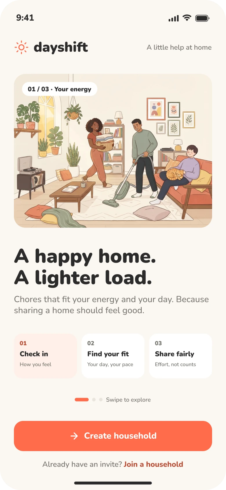 Onboarding screen: a happy home and a lighter load, with a create household button