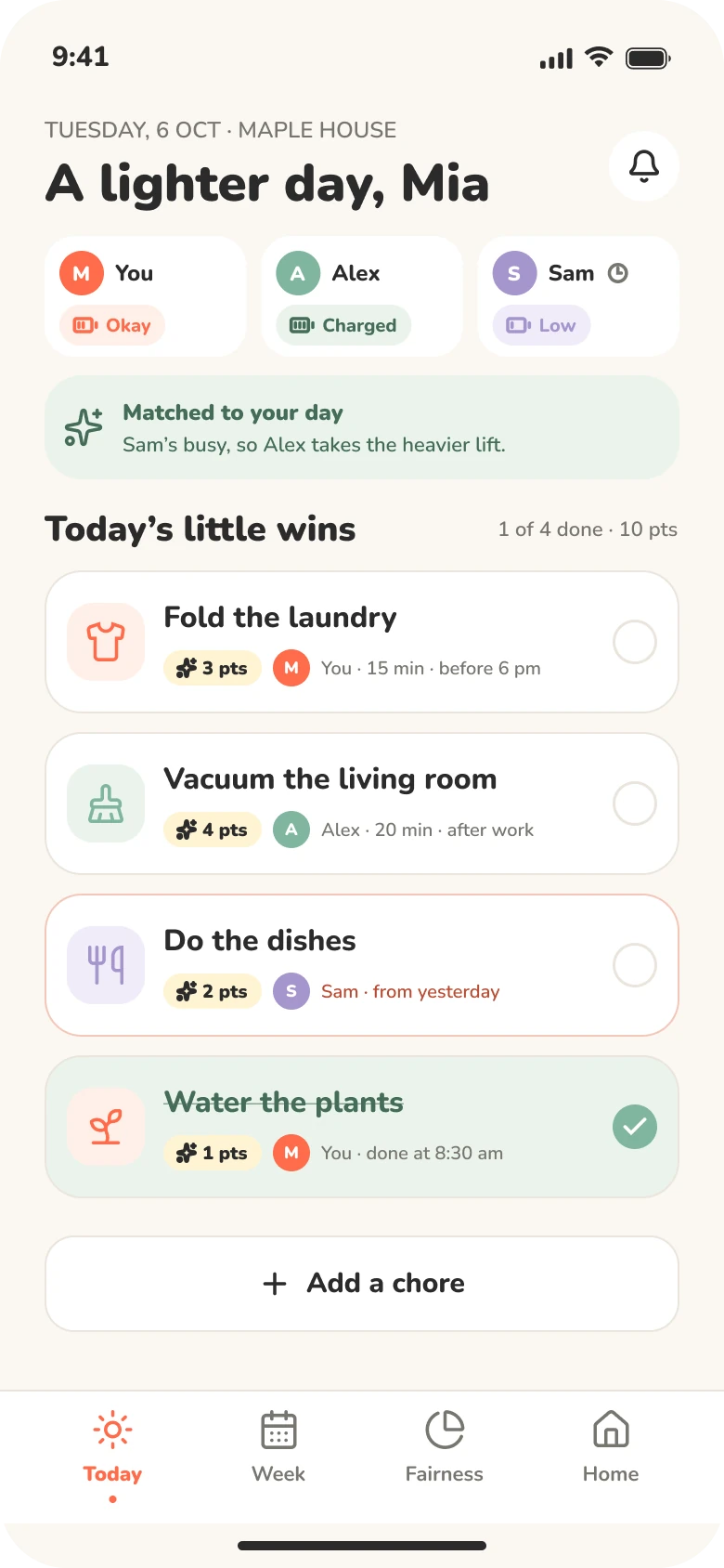 Today screen: each housemate's energy and today's little wins, a checklist of chores