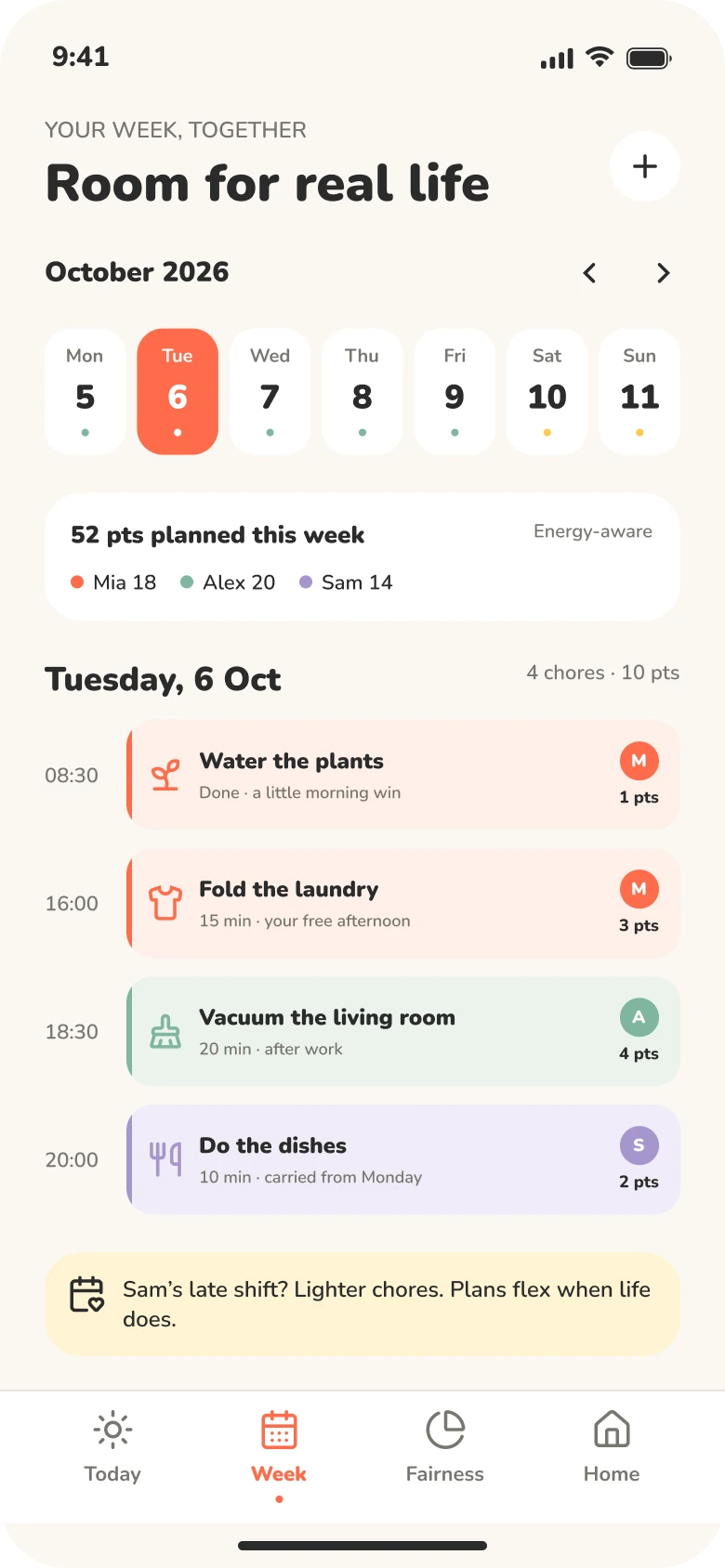 Weekly planner screen: the week as a calendar with each day's chores and effort points