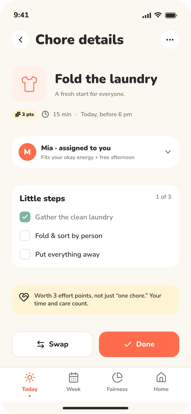 Chore details screen: fold the laundry, with the assignee, small steps, and swap or done buttons