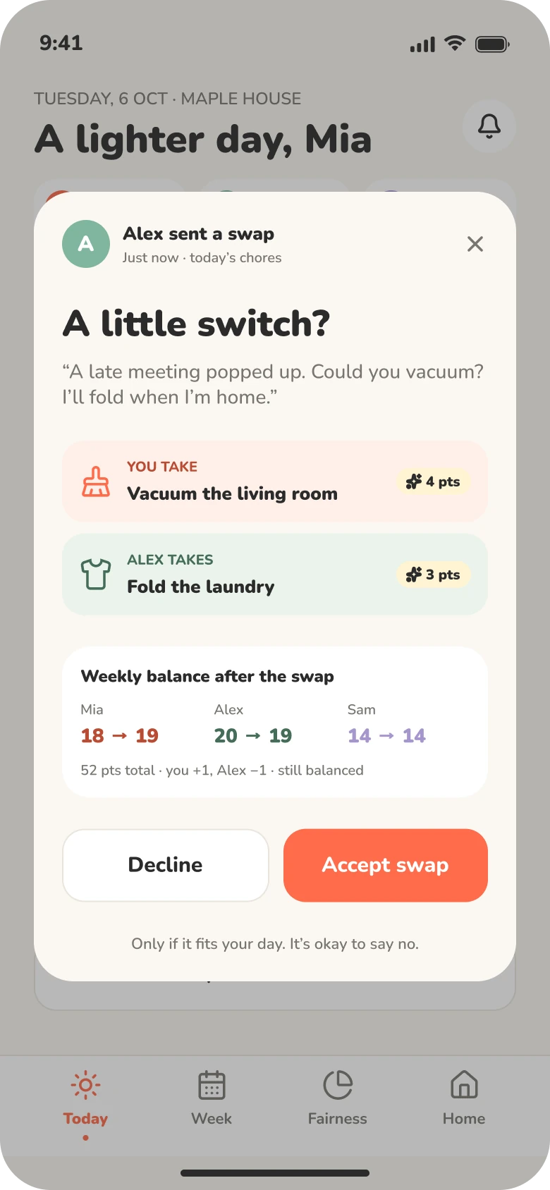 Swap request dialog: a housemate proposes trading chores, with decline and accept buttons