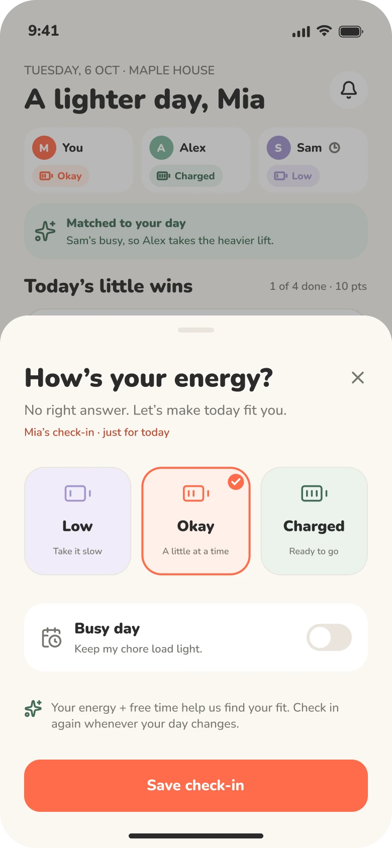 Energy check-in sheet: choose low, okay or charged to shape today's chores
