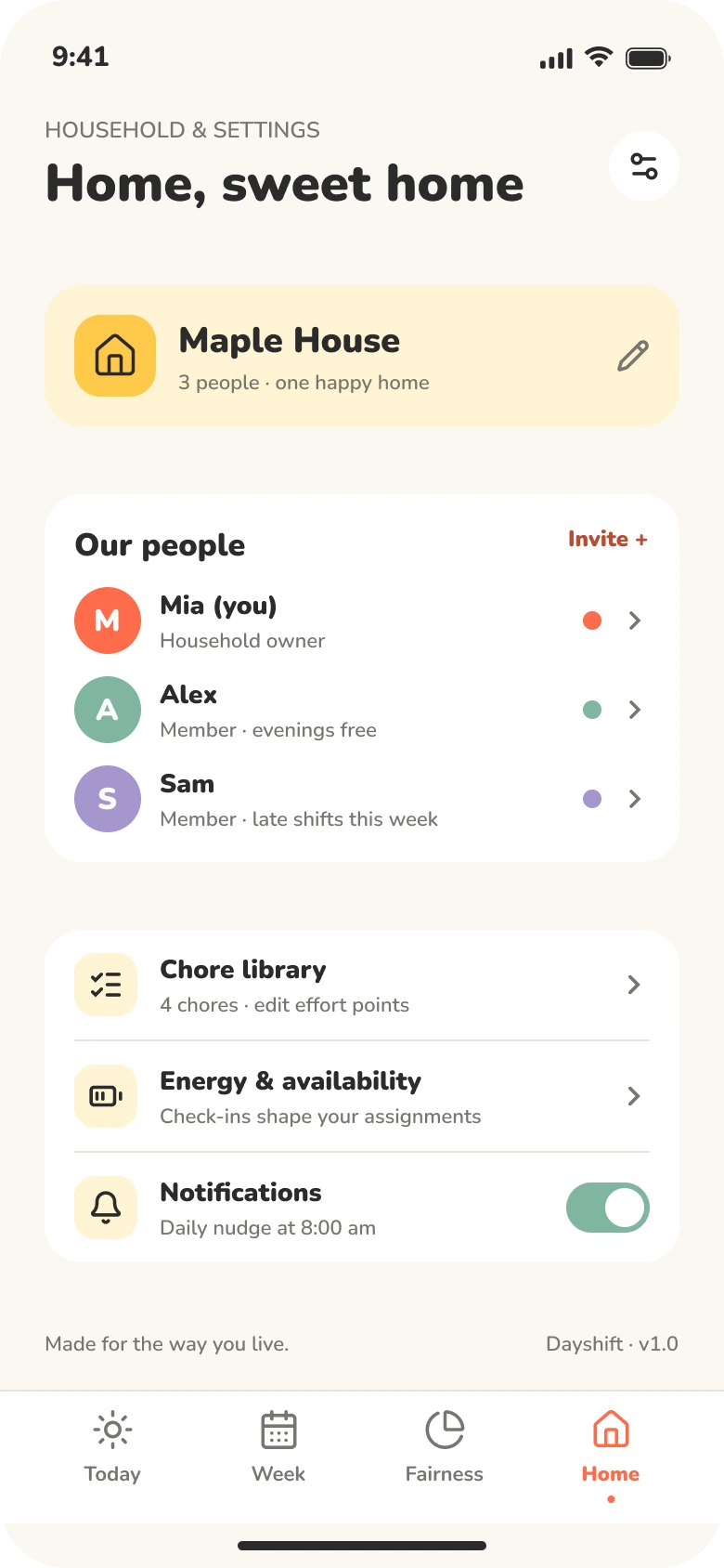 Settings screen: household members, chore library, energy and availability, notifications