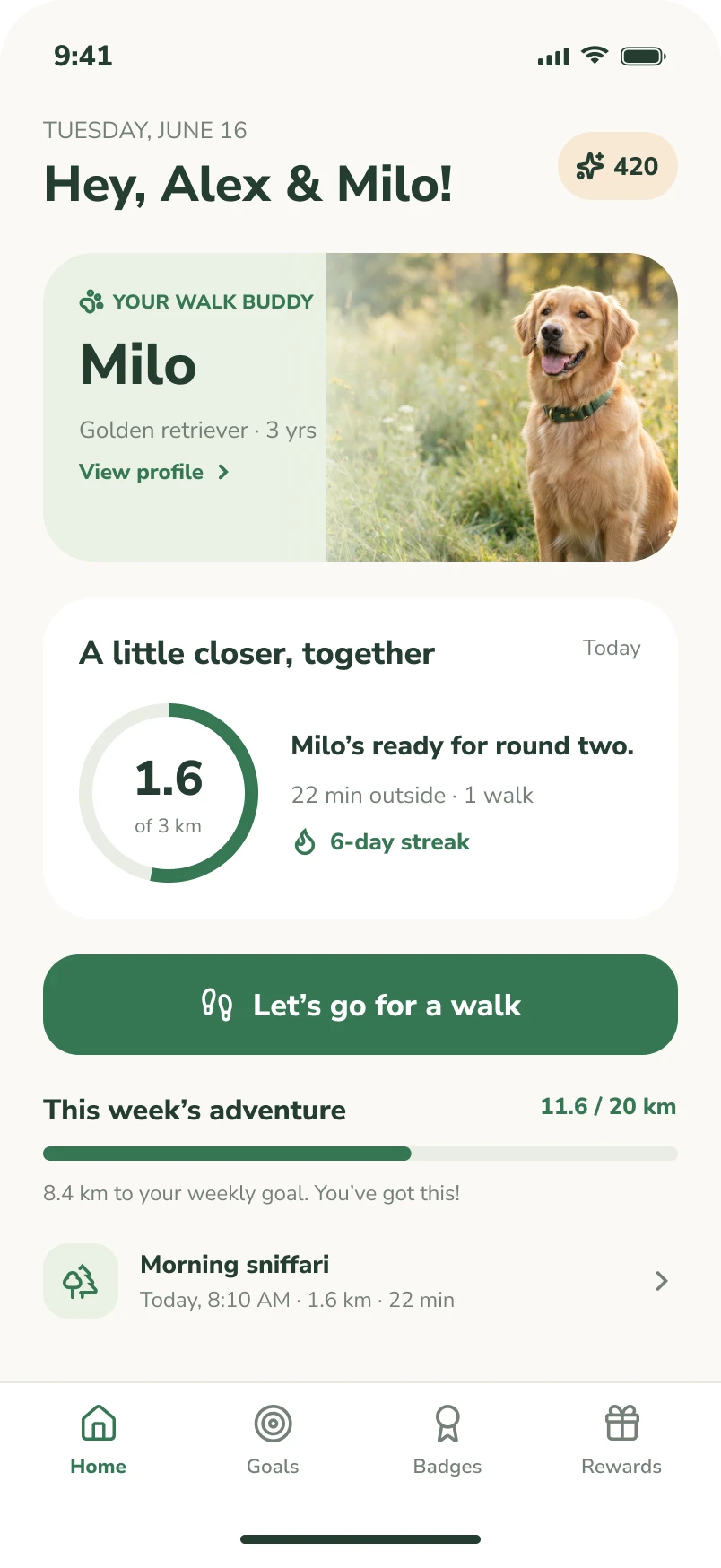 Home screen: Milo's day, walk goal, weekly adventure
