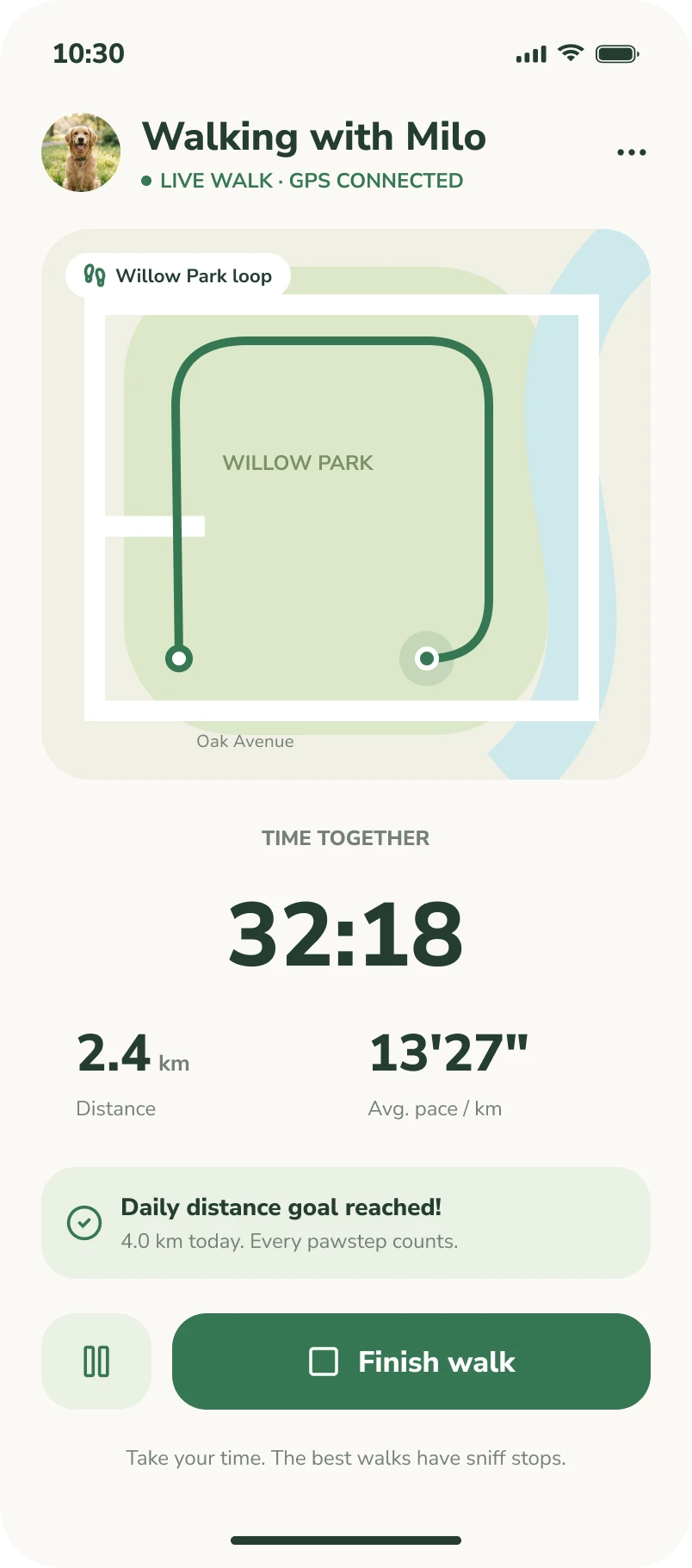 Active walk screen: route map and live timer at Willow Park