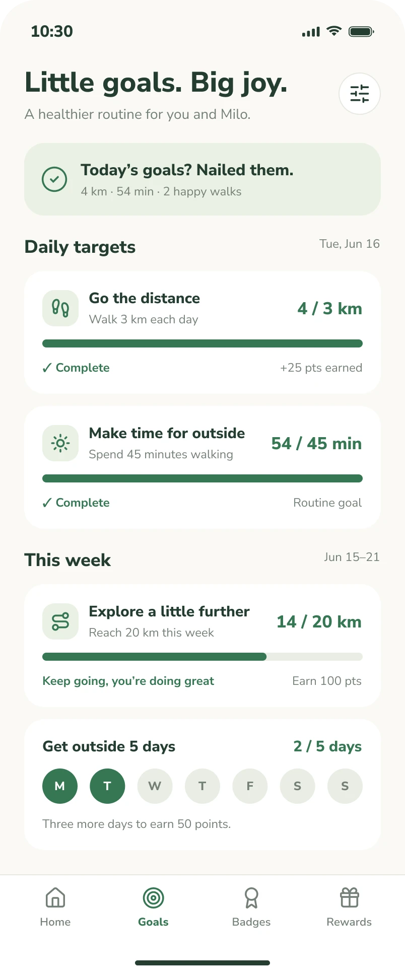Goals screen: daily and weekly targets