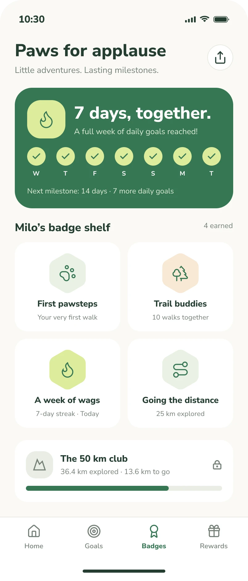 Accomplishments screen: streak and badge shelf