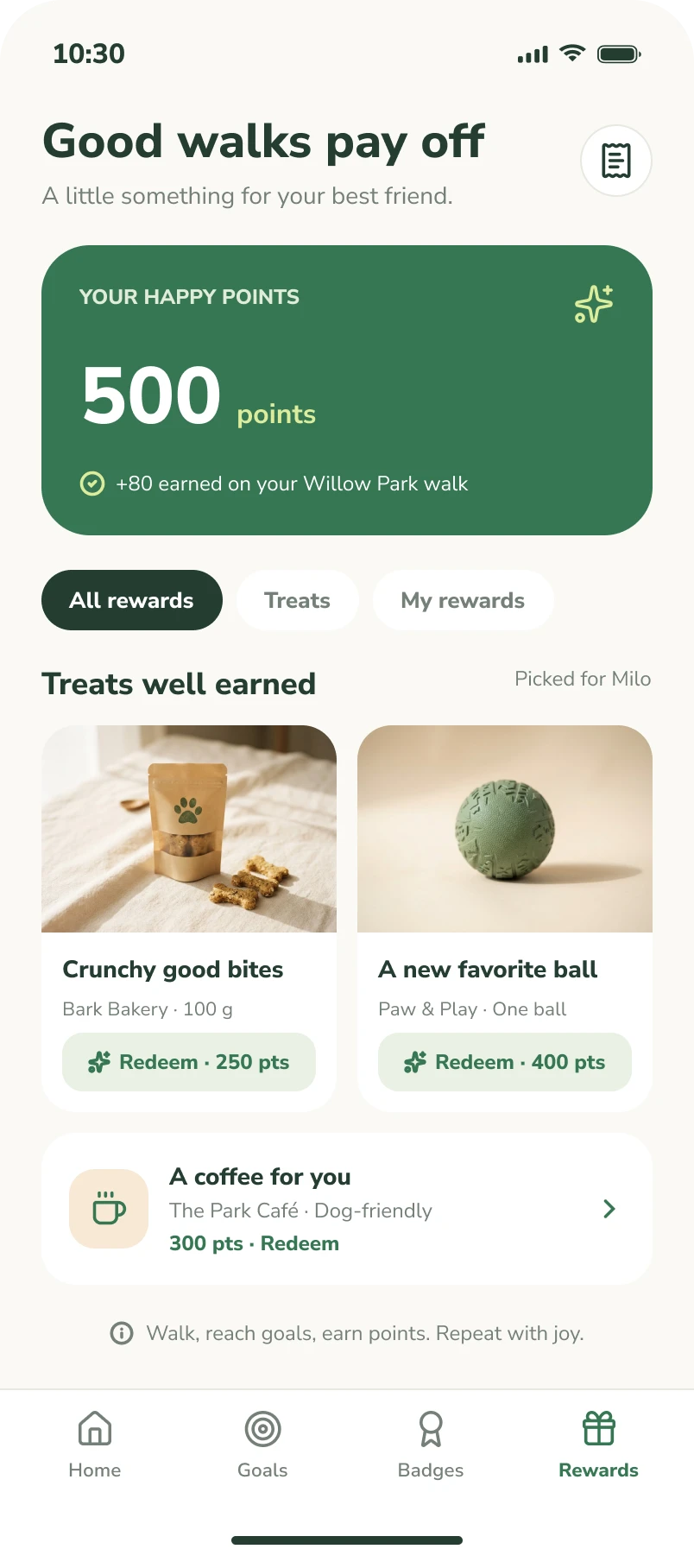 Rewards screen: paw points and treats to spend them on