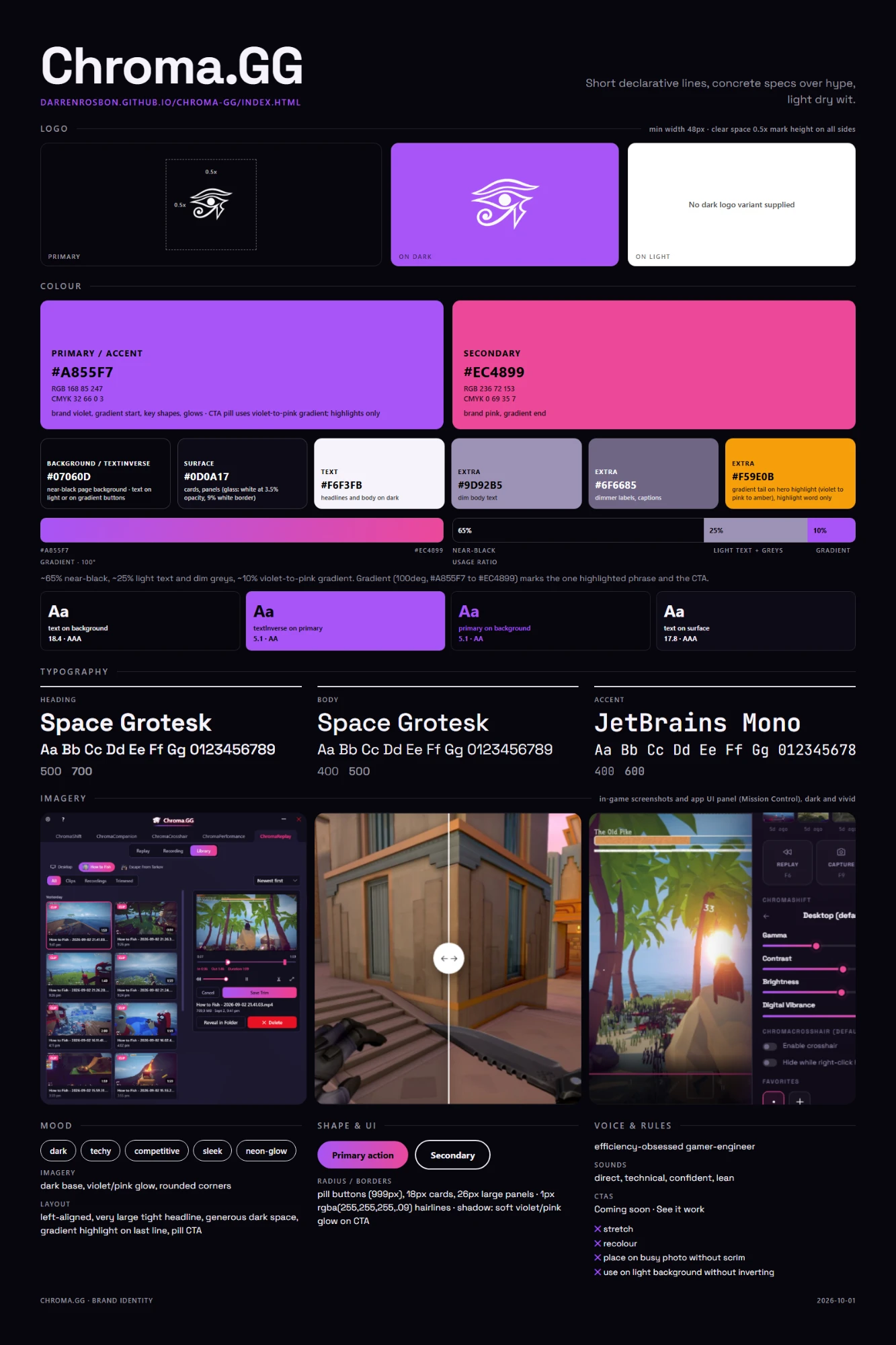 Chroma.GG brand identity sheet: logo, colour palette, typography, imagery, mood and voice