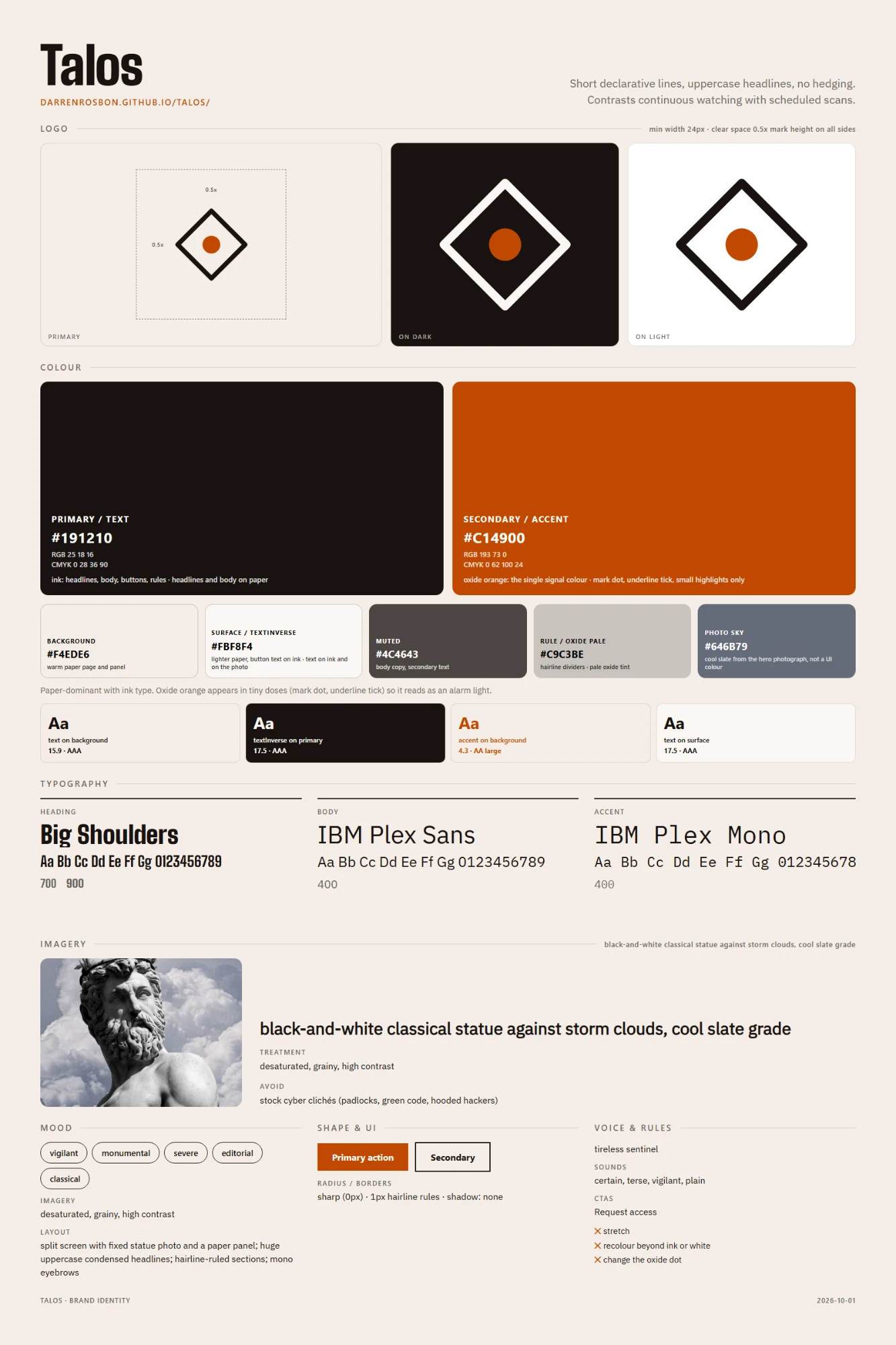 Talos brand identity sheet: logo, colour palette, typography, imagery, mood and voice