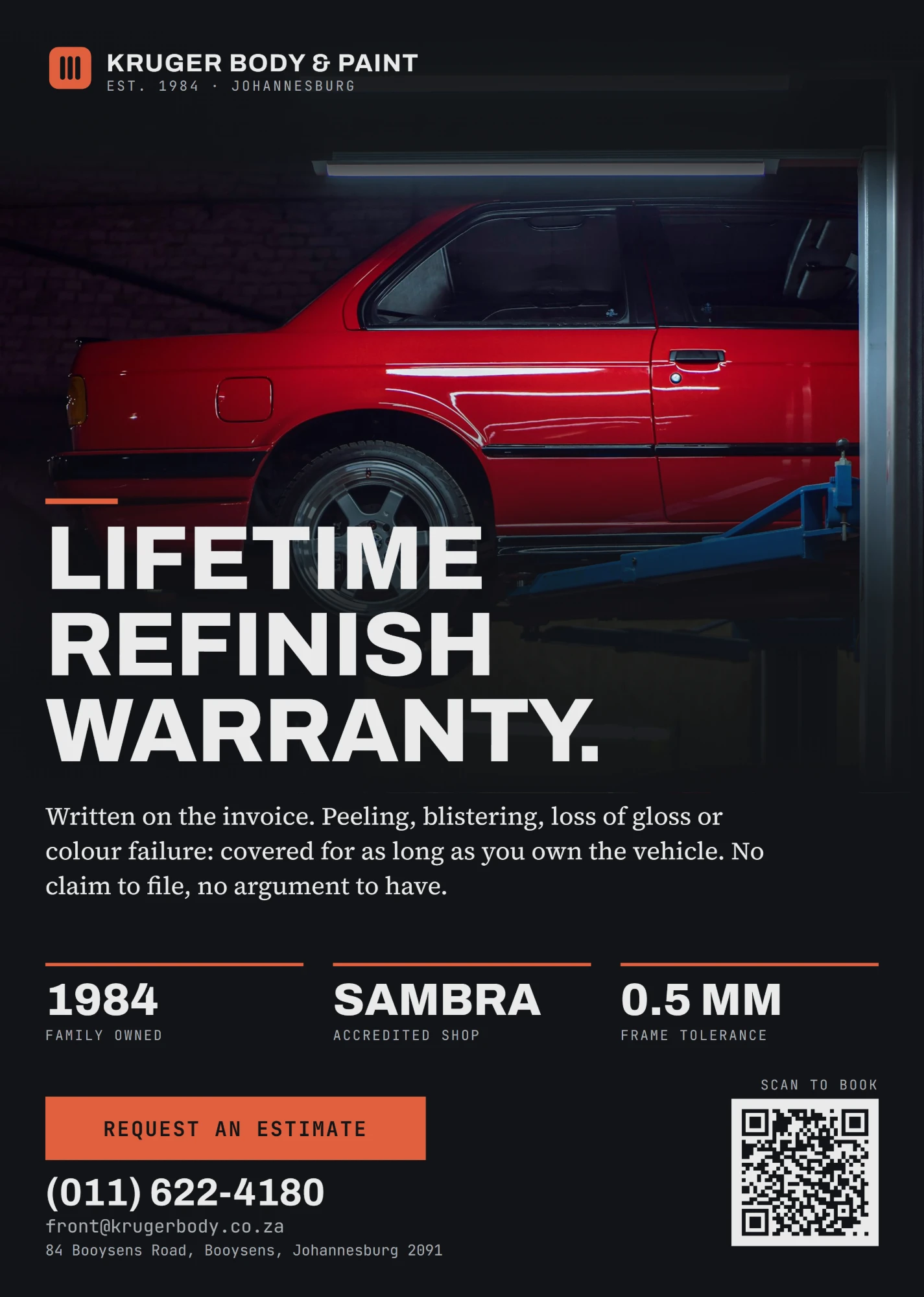 Kruger Body and Paint flyer: Lifetime refinish warranty, est. 1984, Johannesburg