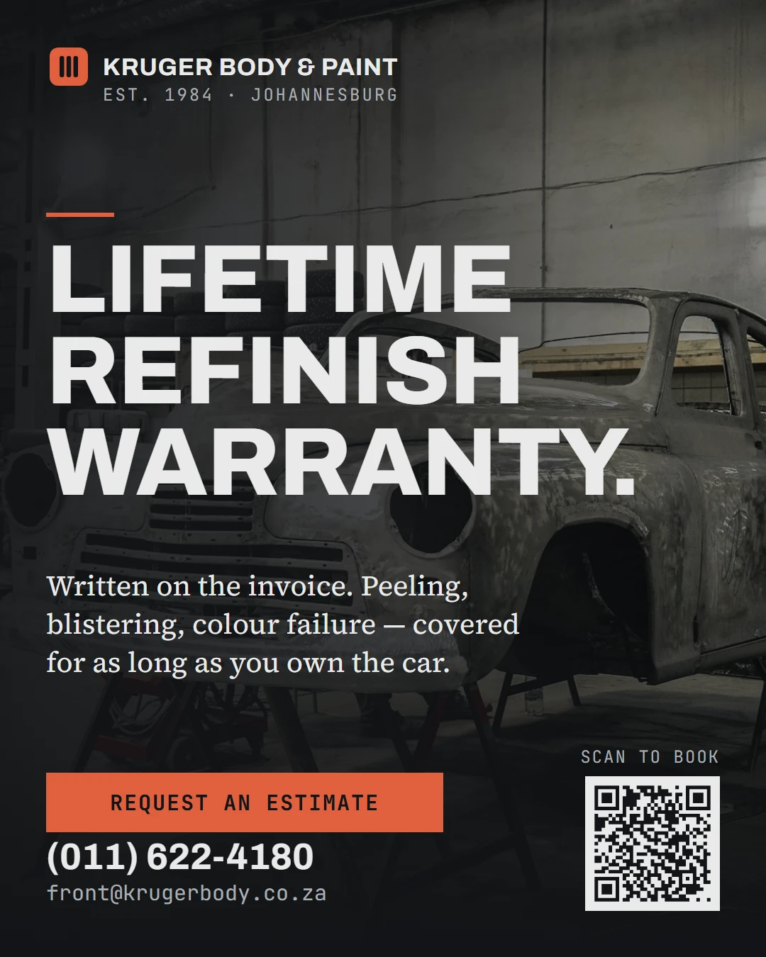 Kruger Body and Paint social post: Lifetime refinish warranty, request an estimate